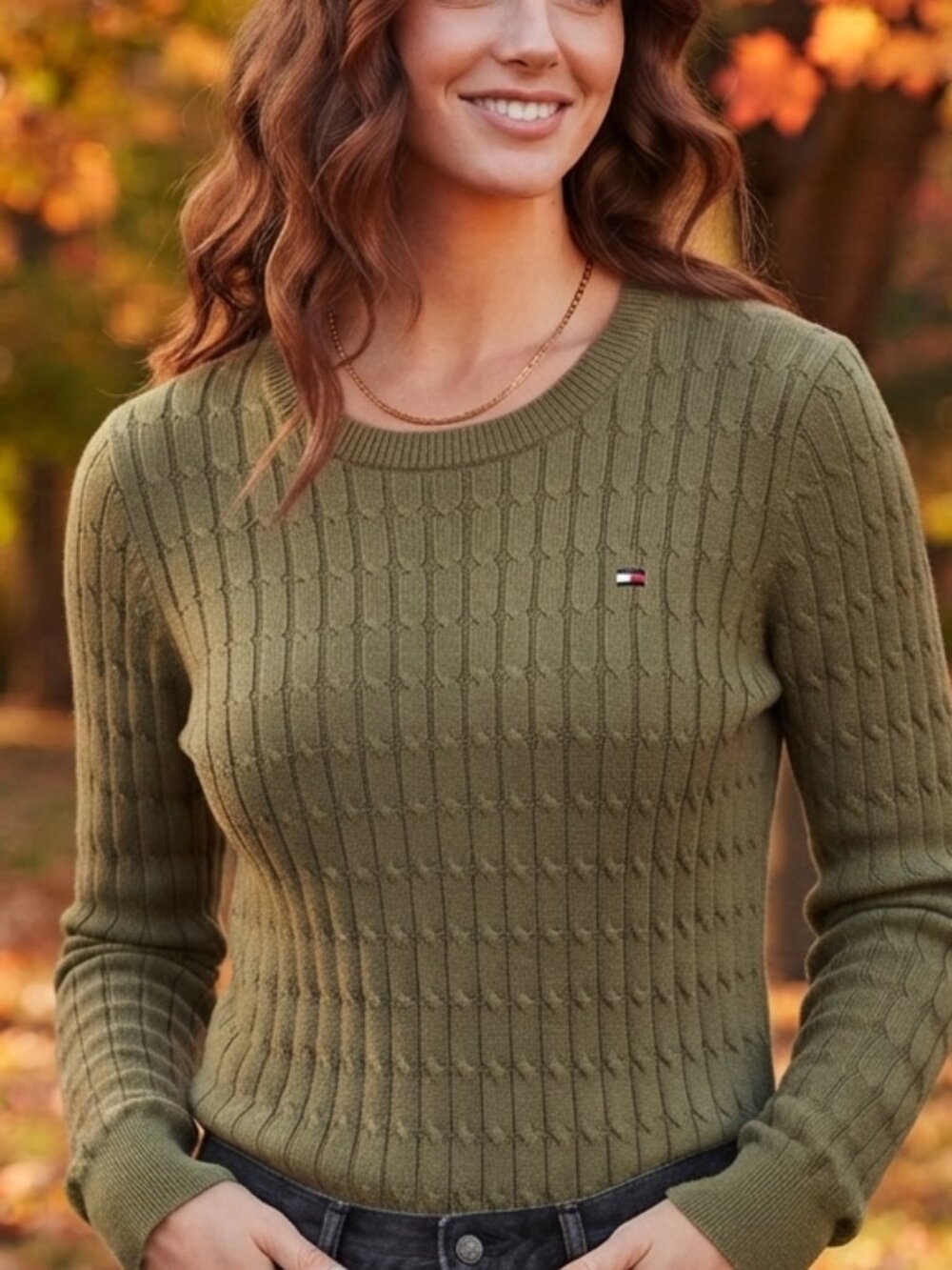 Tommy Hilfiger Cable Knit Sweater Women's Large Olive Green Scoop Neck Cotton